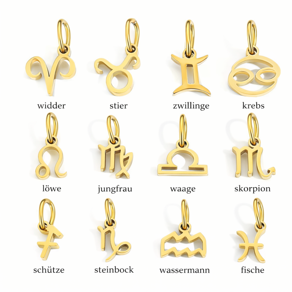 Goldene Charm-Kette mit Sternzeichen & Initiale, „ME“ Halskette